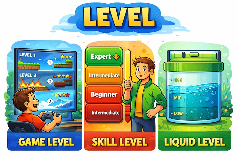 Cartoon image showing the meaning of level, with a child playing a video game level, a person showing skill levels from beginner to expert, and a container displaying low, medium, and high liquid leve